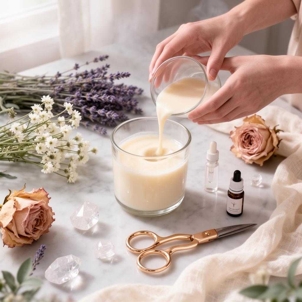 Hands pouring soy wax into a glass vessel surrounded by lavender, crystals, and dried roses in a sunlit studio