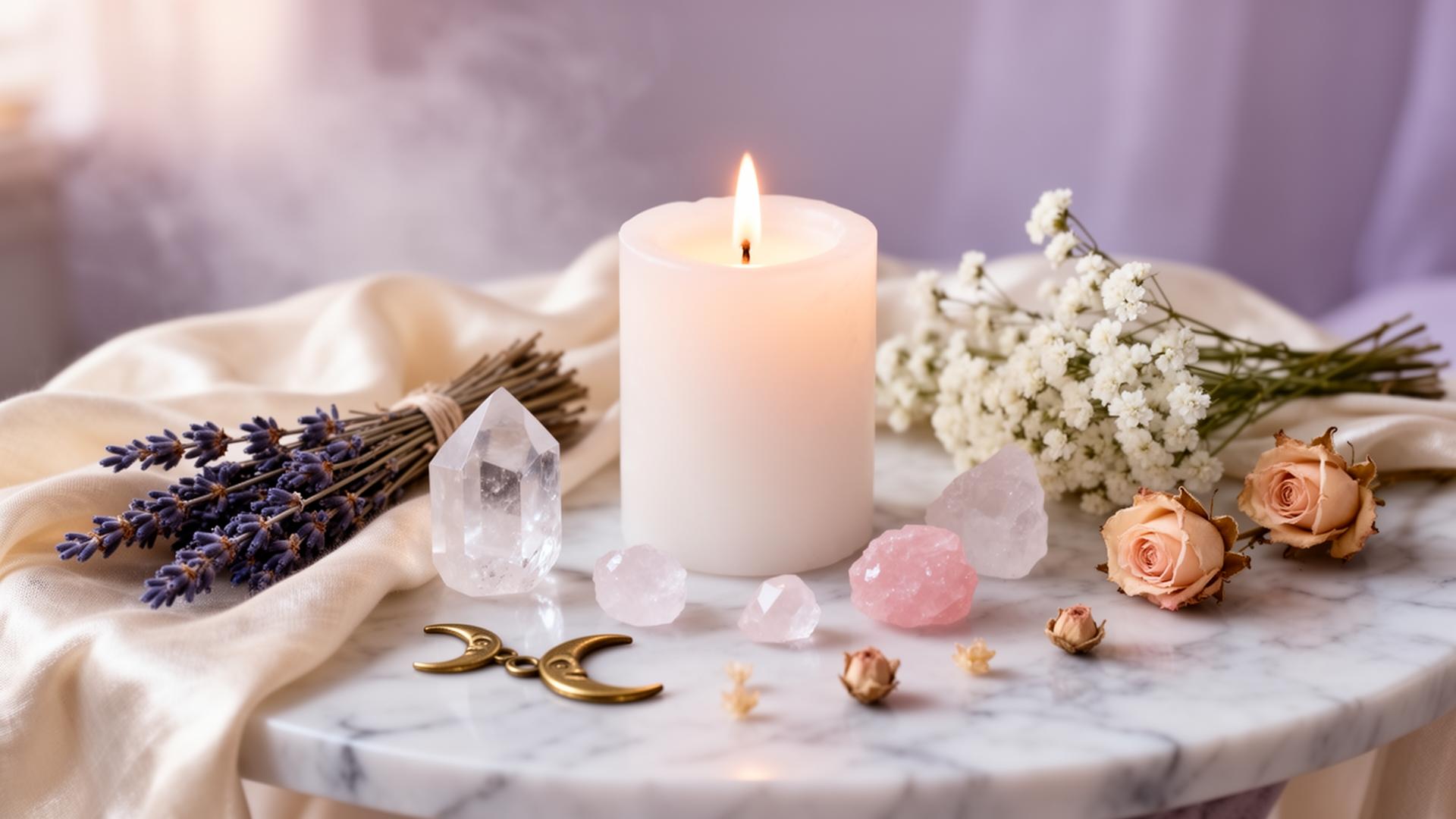 Cosmic altar with intention candle, crystals, dried roses, and tarot cards