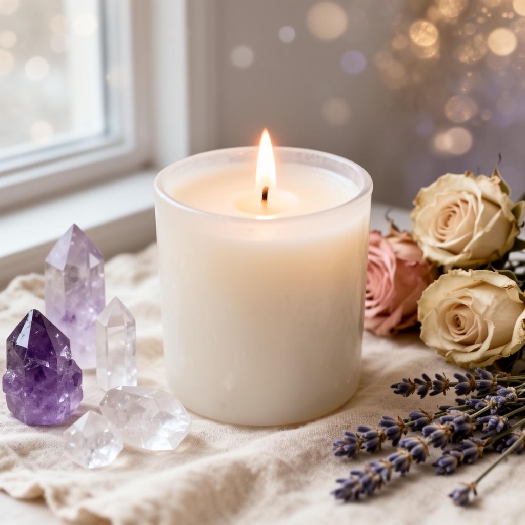 Glowing burgundy intention candle with amethyst and dried botanicals